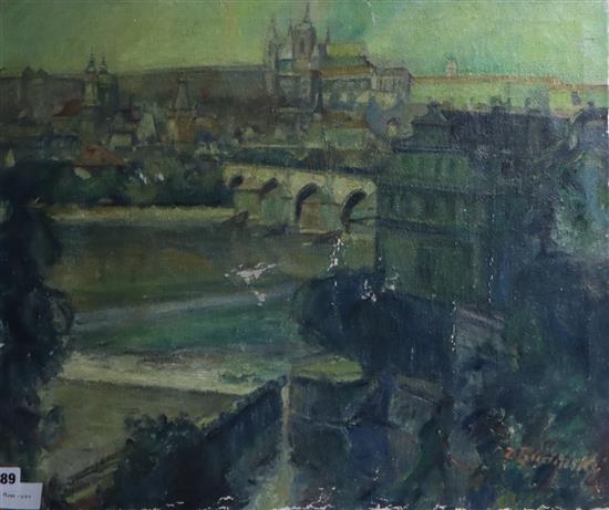 Z. Budinsky, oil on canvas, Continental town view, signed, 50 x 60cm, unframed